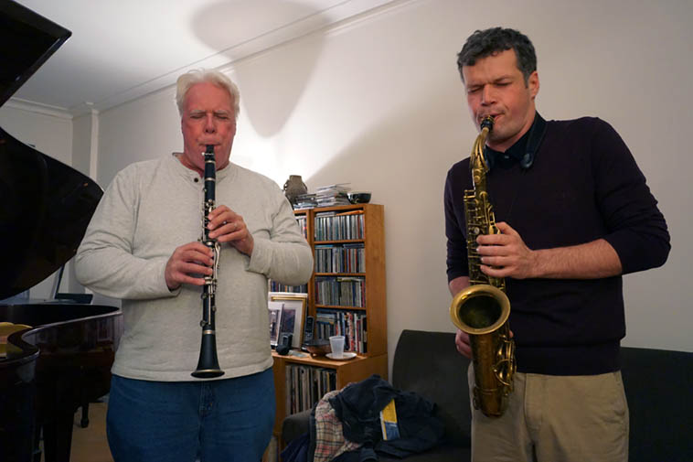 Bill Payne and Nick Lyons at house jam session at Carol Liebowitz’s studio on 103rd Manhattan – November 17, 2o18 – photo by Mark Weber ----- almost the entire afternoon of 4+ hours of music was spontaneously improvised (except for Virg playing Out of Nowhere at one point, and Nick asking Bill if he’d like to have a go at What Is This Thing in trio with Carol on piano) Bill Payne and Nick Lyons at house jam session at Carol Liebowitz’s studio on 103rd Manhattan – November 17, 2o18 – photo by Mark Weber ----- almost the entire afternoon of 4+ hours of music was spontaneously improvised (except for Virg playing Out of Nowhere at one point, and Nick asking Bill if he’d like to have a go at What Is This Thing in trio with Carol on piano)
